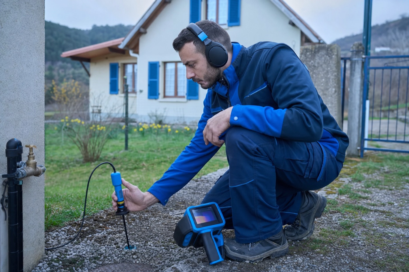 Technicien Aquatech en intervention de recherche de fuite