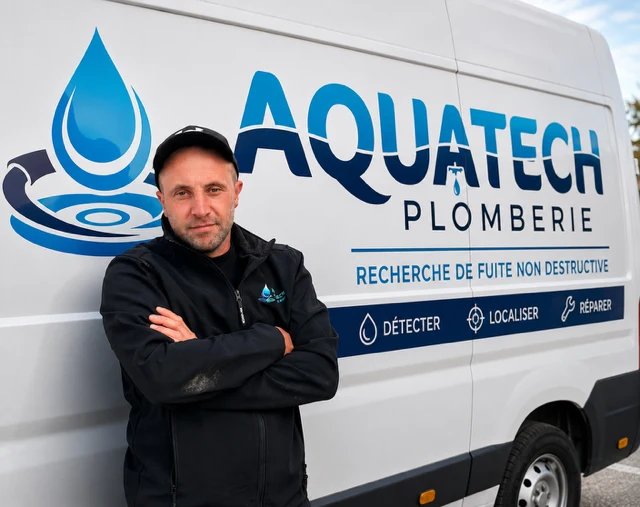 Florian Oliva, Aquatech Plomberie - spécialiste de la recherche de fuite non destructive à Serrières-de-Briord, devant son véhicule d'intervention